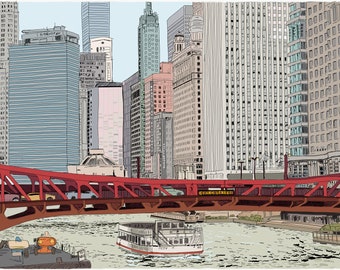 Chicago River Boat City Travel Scene with Skyscrapers and Bridges, Downtown in the Loop. Hand Drawn Illustration. Digital Art Download Print