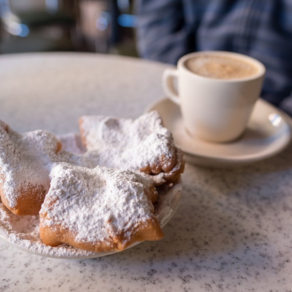 Delicious Coffee and Beignets at the World Famous Cafe Du Monde in New Orleans. Foodie Vacation. Travel Fine Art Photo. Digital Download.