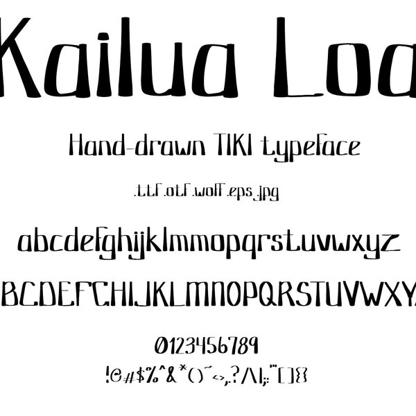 Font Kailua Loa, ¡una tipografía creativa con estilo tiki, polinesio y hawaiano! Este tipo de letra genial está dibujado a mano con estilo vintage y retro tiki.