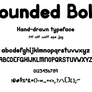 May include: A font design called "Rounded Bold" in black, with a hand-drawn typeface style. The font includes lowercase and uppercase letters, numbers, and punctuation marks.