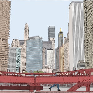 Chicago Skyscrapers and Bridges Downtown in the Loop. Ilustración dibujada a mano. Arte Digital. Descargar Imprimir.
