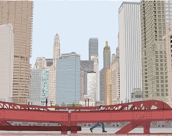May include: A red metal bridge with a person walking across it. The bridge is in front of a cityscape with tall buildings.