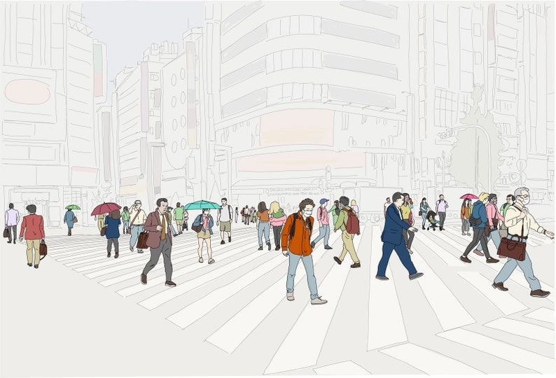 Tokyo, Japan Shinjuku Crowd Street Scene. Digital Art Print Download. Hand Drawn Illustration. image 1