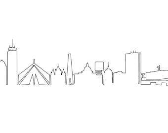 Boston Skyline Line Drawing, Simple Skyscraper Panoramic View. Cityscape Sketch. Hand Drawn Illustration. Digital Art Print Download.
