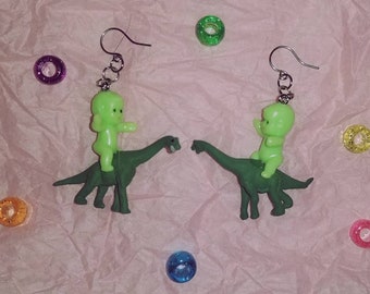 Green Baby Dino Rider Earrings