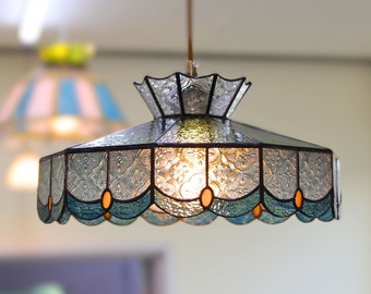 King's Crown Blue Green Vintage Pendant Light Stained Glass Ceiling Lighting Lamp Antique Kitchen Lighting