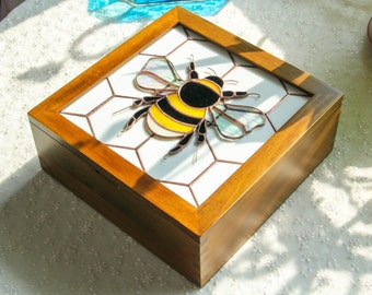 Bumble Bee Wooden Storage Box with Stained Glass Customize Personalize