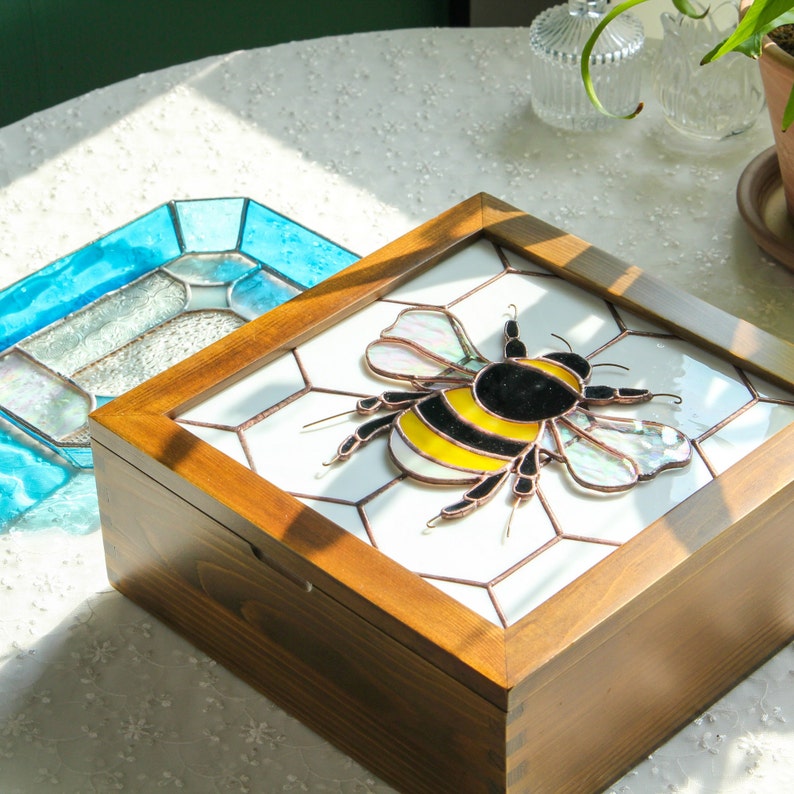 Bumble Bee Wooden Storage Box with Stained Glass Customize Personalize image 3