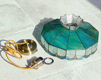 Vintage Pendant Light King's Crown Blue Green Stained Glass