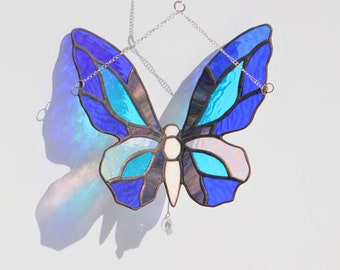 Blue Morpho Butterfly Stained Glass Ornament