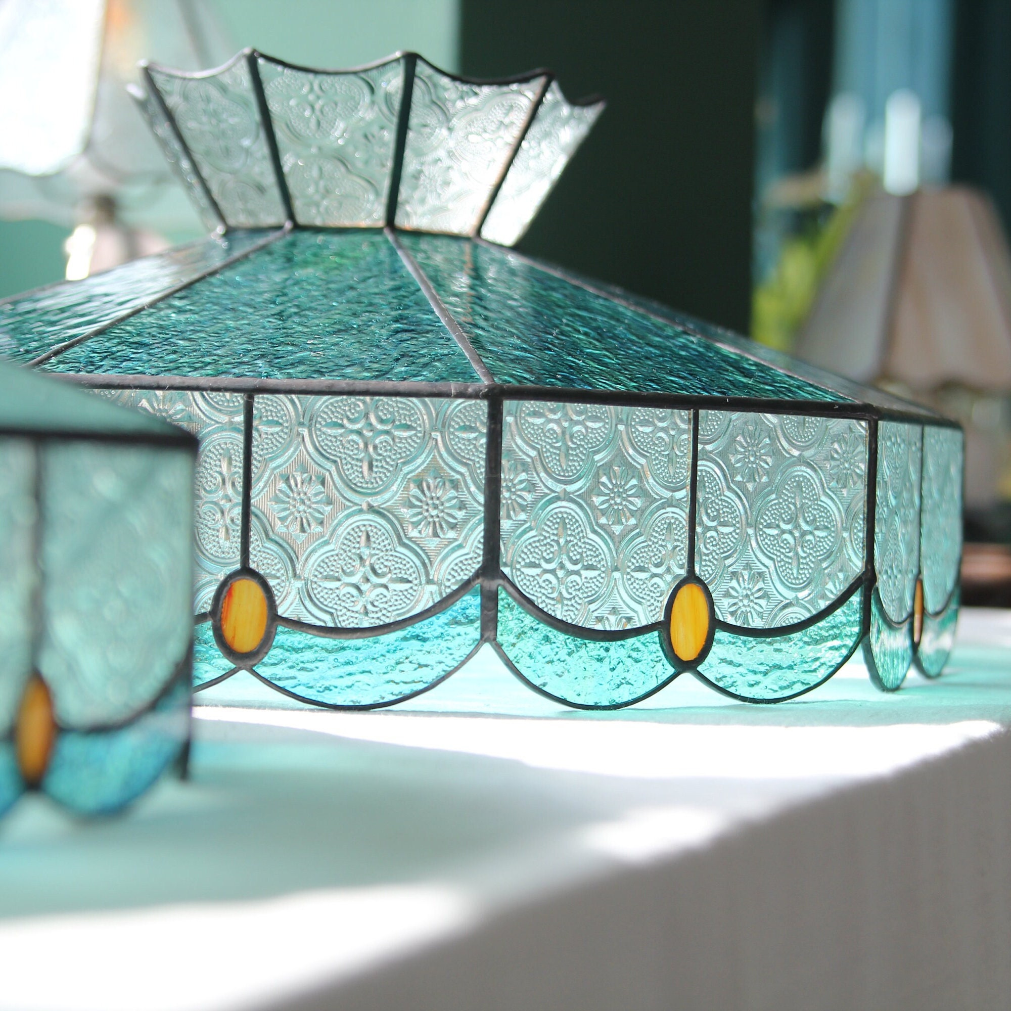 Vintage Pendant Light King's Crown Blue Green Stained Glass Vintage Pendant Light King's Crown Blue Green Stained Glass