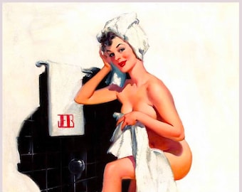 1940s Pin-Up Girl Bath Time Picture Poster Print Vintage Art Wall Handmade Gift Decor