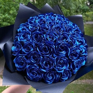 Ramo Buchon, Blue Satin Bouquet in Custom Wrapper, Custom Eternal Rose ...