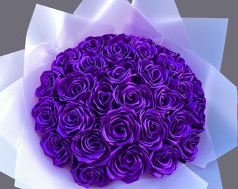 グリッター入りパープルブーケ エターナルローズ、ハンドメイド造花
