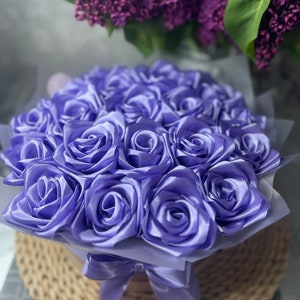 Custom Eternal Rose Bouquet, Satin Ribbon Rose Bouquet, Handmade Fake Flowers in Pot, Mothers Day Gift, Everlasting Artifikal Decor Flower