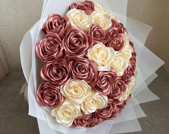Satin Wedding Bouquet, Custom Eternal Rose Bouquet, Satin Ribbon Rose  Bouquet, Handmade Fake Flowers, Everlasting Artificial Decor Flower