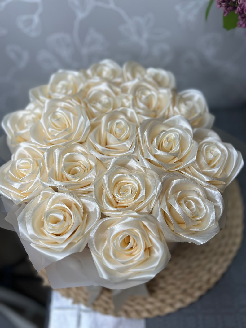 Fake Ribbon Custom Eternal Rose Bouquet, Satin Ribbon Rose Bouquet, Handmade Fake ...