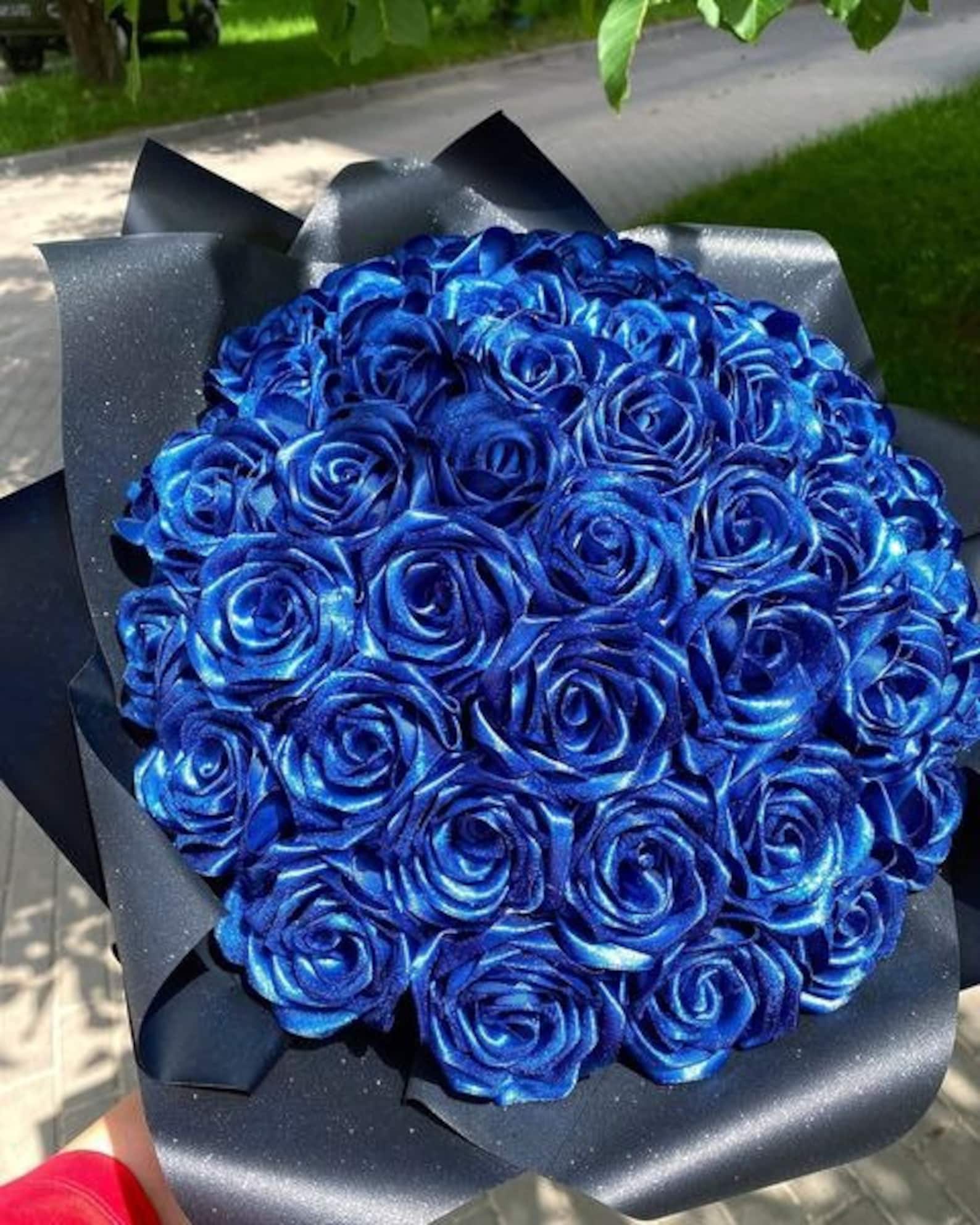 Ramo Buchon, Blue Satin Bouquet in Custom Wrapper, Custom Eternal Rose ...