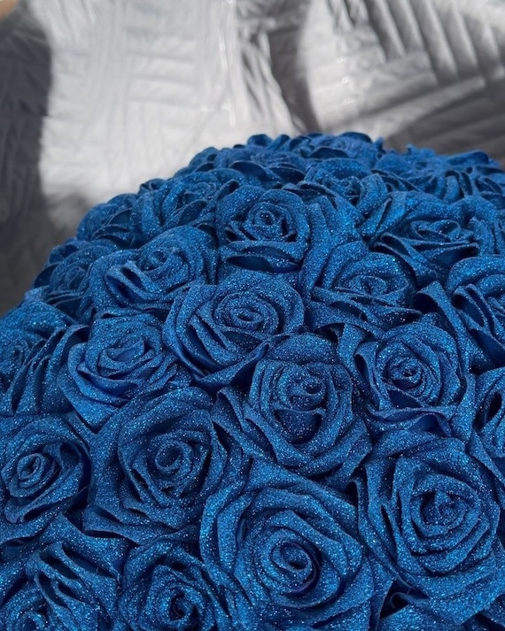 Bouquet turchese di rose eterne con glitter, bouquet di fiori artificiali fatti a mano, decorazioni per matrimoni, bouquet di fiori con nastri, arte con rose con nastri - Italia