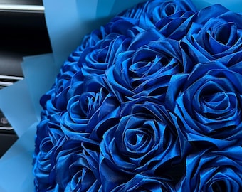 Ramo Buchon, Blue Satin Bouquet in Custom Wrapper, Custom Eternal Rose Bouquet, Satin Ribbon Artificial Flowers, Princess Bouquet