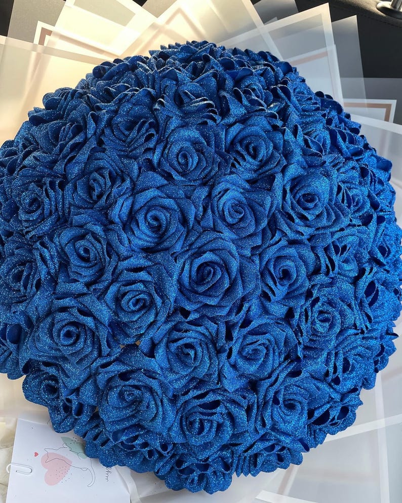 Blue Sparkle Roses Glitter Bud, Eternal Rose Bouquet, Handmade Artificial Flower Bouquet ...