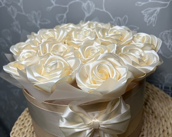 Bouquet de roses éternelles personnalisées, bouquet de roses en ruban de satin, fausses fleurs faites à la main en pot, cadeau de fête des mères, fleur de décor artificielle éternelle