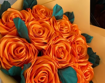 Orange Bouquet Eternal Roses, Holiday Gifts Flower Bouquet, Birthday Bouquet, Flower Ribbon Bouquet, Custom Ramo Buchon