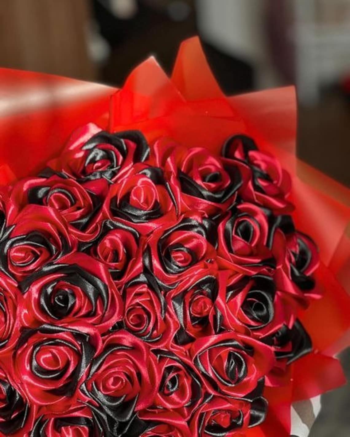 Black and Red Bouquet, Eternal Satin Rose Bouquet, Handmade Fake ...