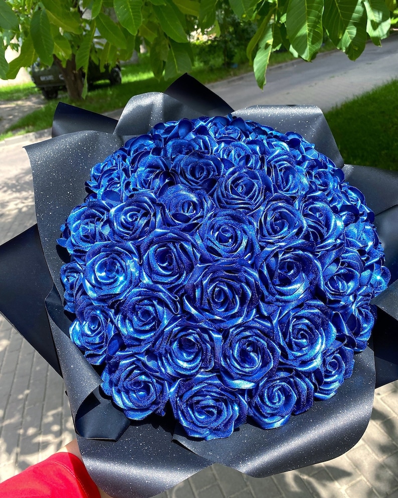 Ramo Buchon, Blue Satin Bouquet in Custom Wrapper, Custom Eternal Rose ...