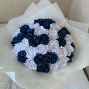 White and Blue Bouquet Eternal Roses, Holiday Gifts Flower Bouquet, Birthday Bouquet, Flower Ribbon Bouquet, Custom Ramo Buchon