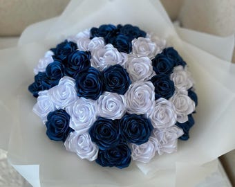 White and Blue Bouquet Eternal Roses, Holiday Gifts Flower Bouquet, Birthday Bouquet, Flower Ribbon Bouquet, Custom Ramo Buchon
