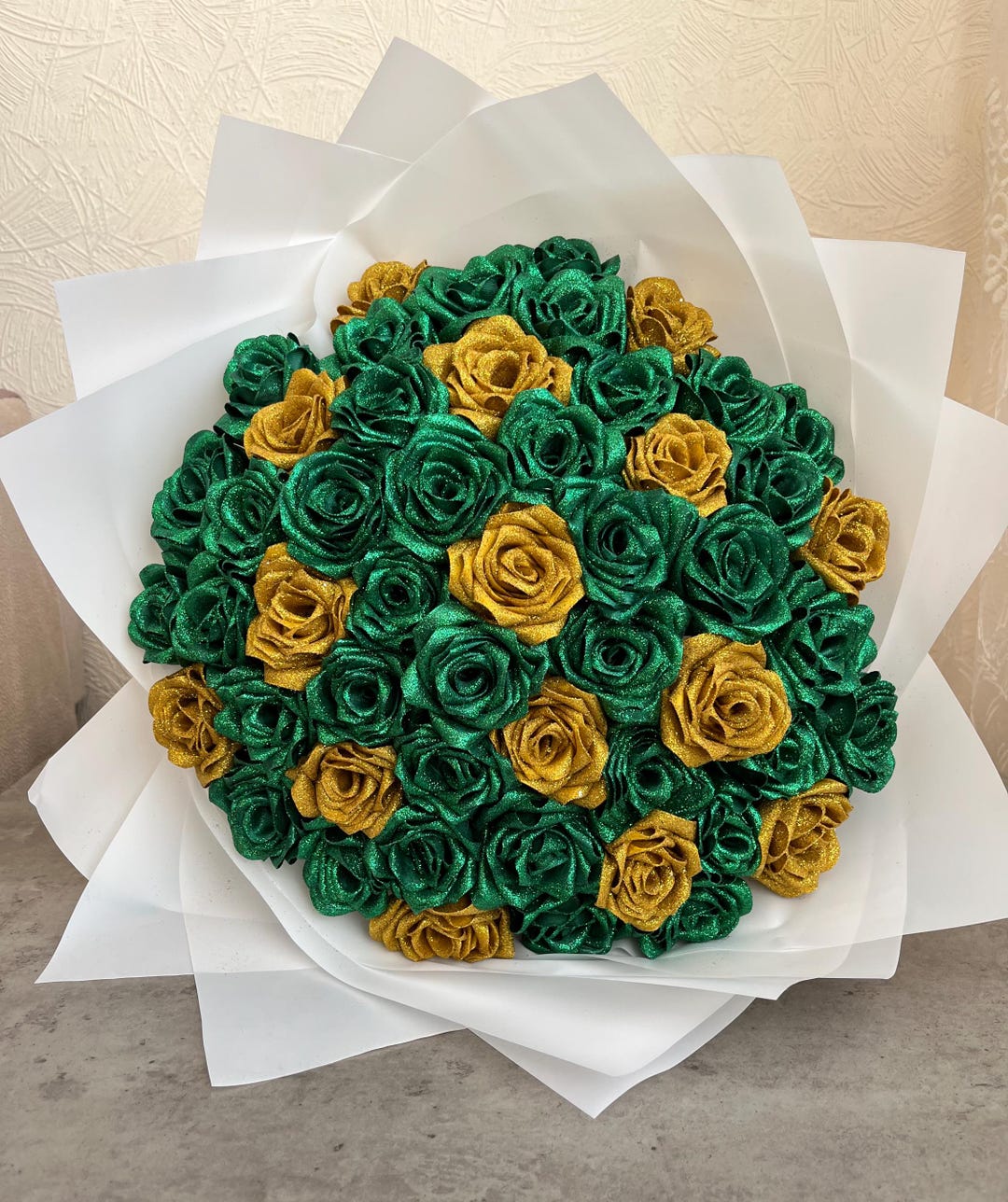 Green and Gold Bouquet Eternal Roses, Artificial Flower Bouquet ...