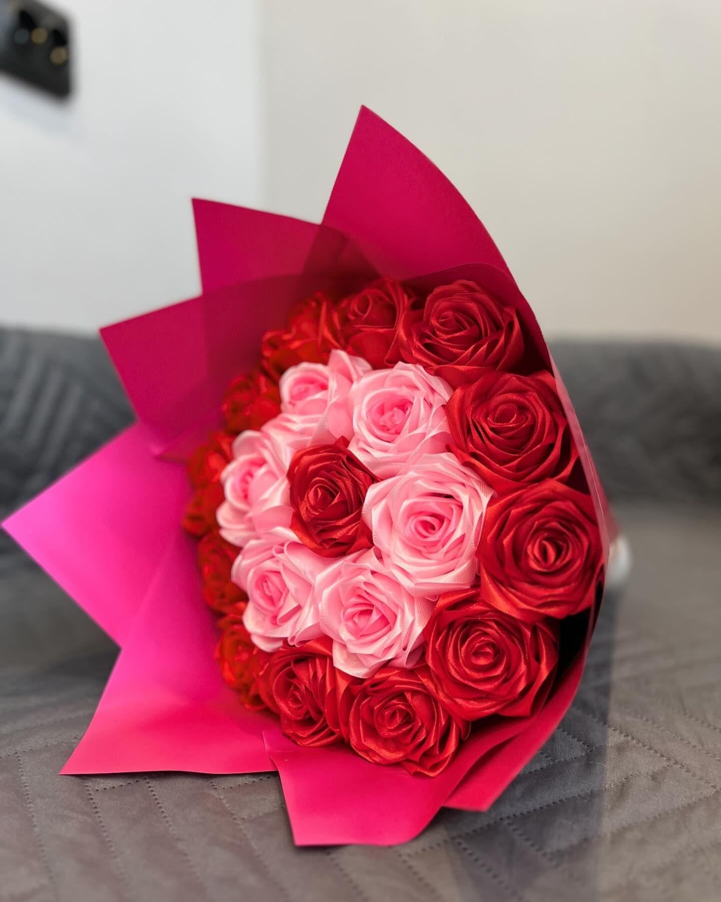 Red-pink Satin Ribbon Bouquet in Cherry-colored Wrap, Perfect Gift