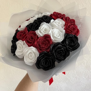 Black and Red and White Bouquet Eternal Roses, Holiday Gifts Flower Bouquet, Birthday Bouquet, Flower Ribbon Bouquet, Custom Ramo Buchon