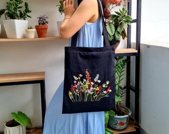 Embroidered Canvas Tote Bag, Women Shopper Bag, Floral Tote Bag, Vintage Tote Bag, Hand Embroidery Bag, Wildflower Bag, Tote Bag For Women