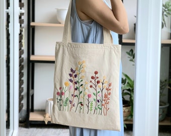 Embroidered Patch Tote Bag Flower Bouquet Tote Bag Canvas 