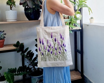 Embroidered Canvas Tote Bag, Lavender Farm Flower Hand Embroidery, Floral Canvas Tote Bag, Embroidery Bag Summer Wildflowers, Vintage Bag