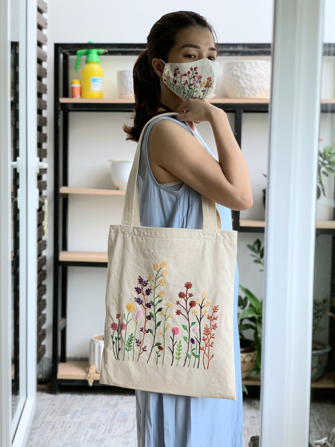 Embroidered Daisy Tote Bag,linen Tote Bags for Women,embroidery