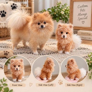 May include: A small, fluffy, light brown and white plush dog figurine resembling a Pomeranian. The set includes three circular inset images showing the front view, left side view, and right side view of the textured, handcrafted toy.