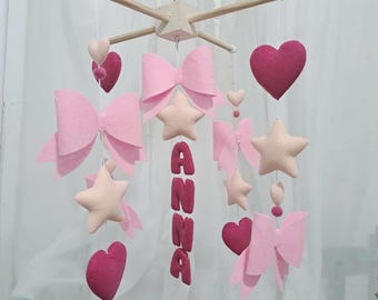 Custom Name Baby Mobile, Pink Heart Baby Mobile, Baby Girl Nursery Decor, Bow Baby Girl Mobile
