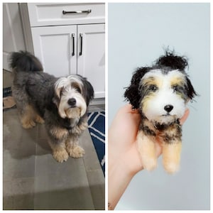 May include: A side-by-side comparison of a real dog and a needle felted replica. The real dog is a small, fluffy breed with black, white, and brown fur. The felted replica is a faithful recreation of the dog, capturing its unique markings and expression.