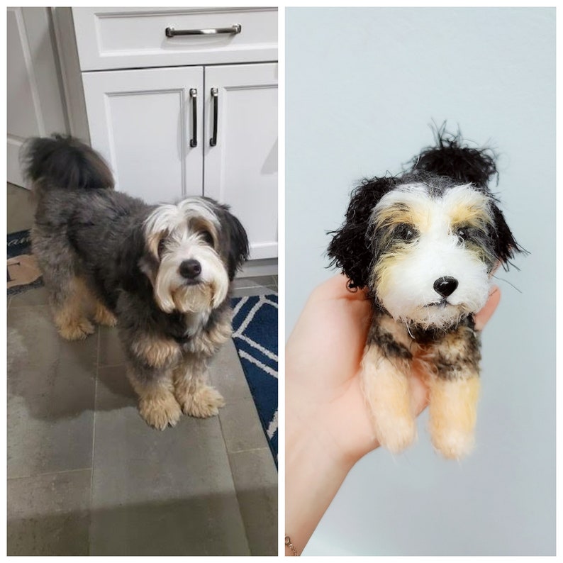 May include: A side-by-side comparison of a real dog and a needle felted replica. The real dog is a small, fluffy breed with black, white, and brown fur. The felted replica is a faithful recreation of the dog, capturing its unique markings and expression.