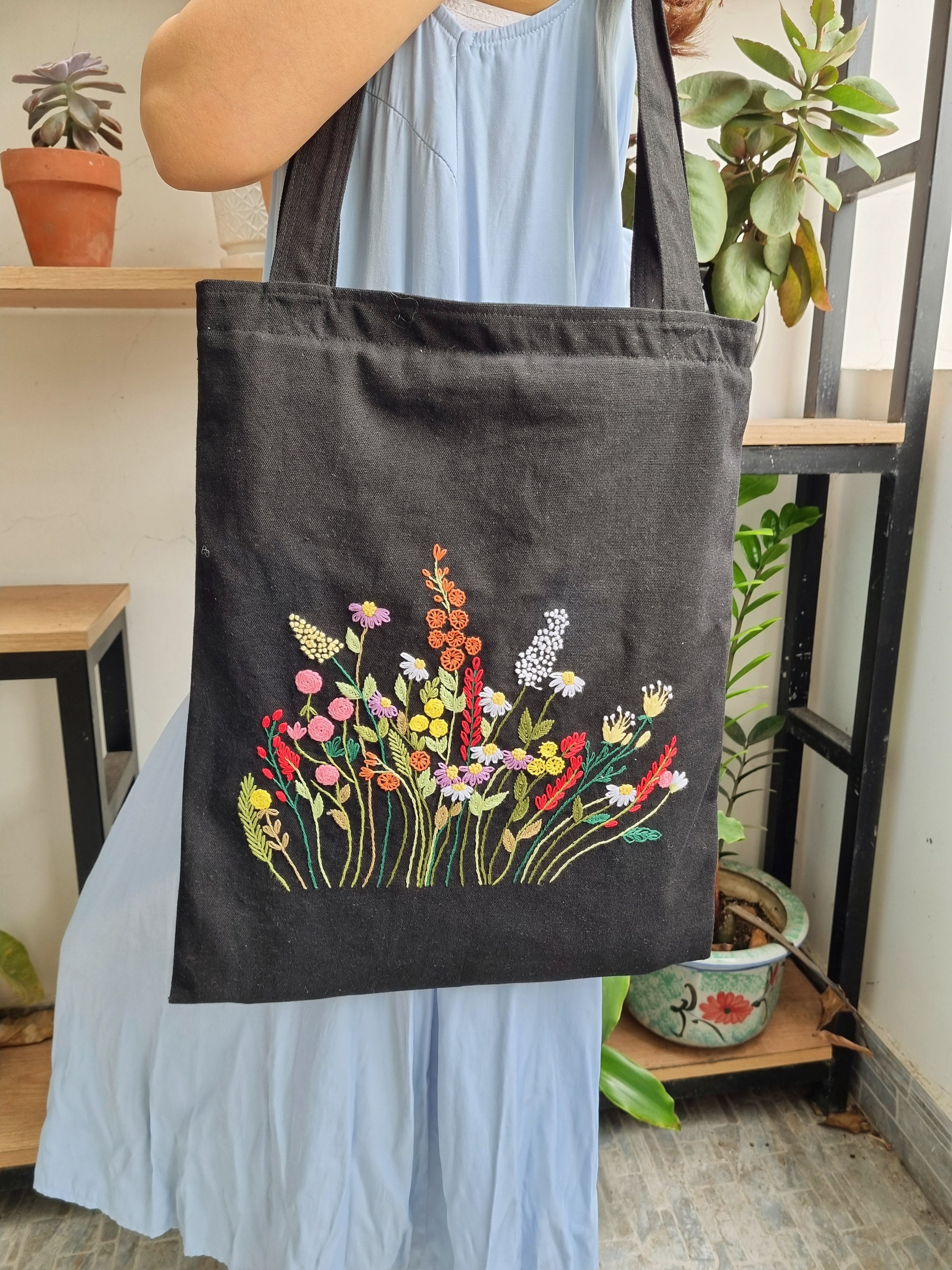 Embroidered Canvas Tote Bag Women Shopper Bag Floral Tote Etsy