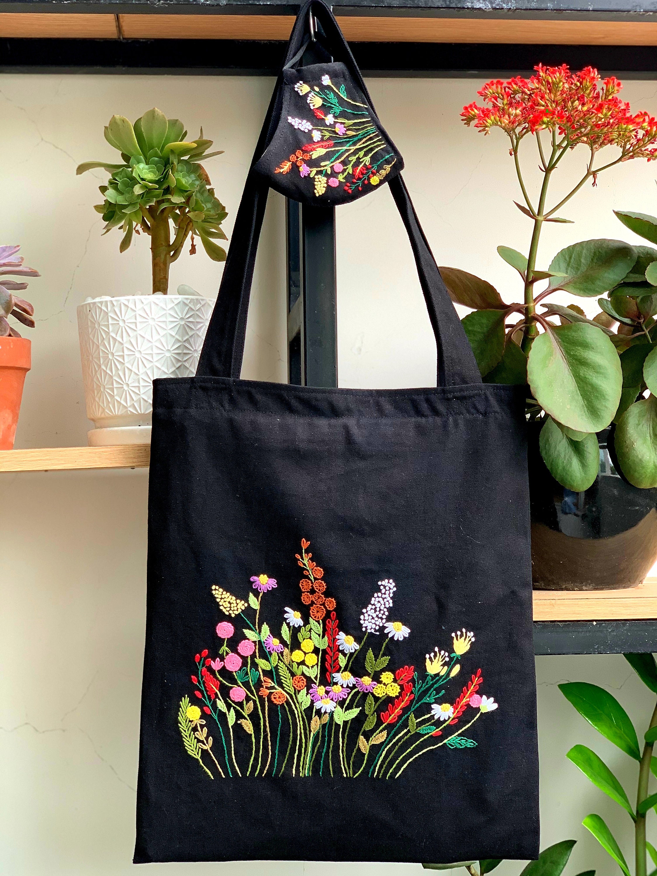 Embroidered Canvas Tote Bag Women Shopper Bag Floral Tote Etsy