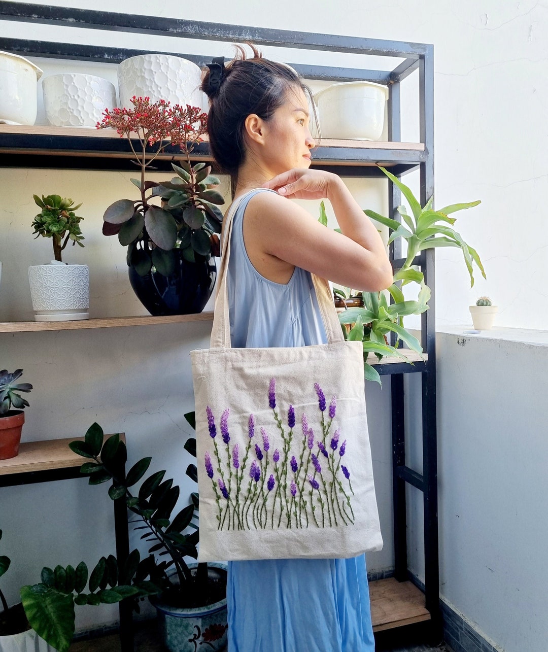 Embroidered Tote Bag Lavender Farm Flower Hand -