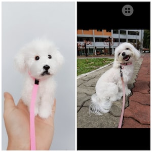 May include: A white fluffy dog plush toy with black eyes and a pink leash. The plush toy is being held in a person's hand.