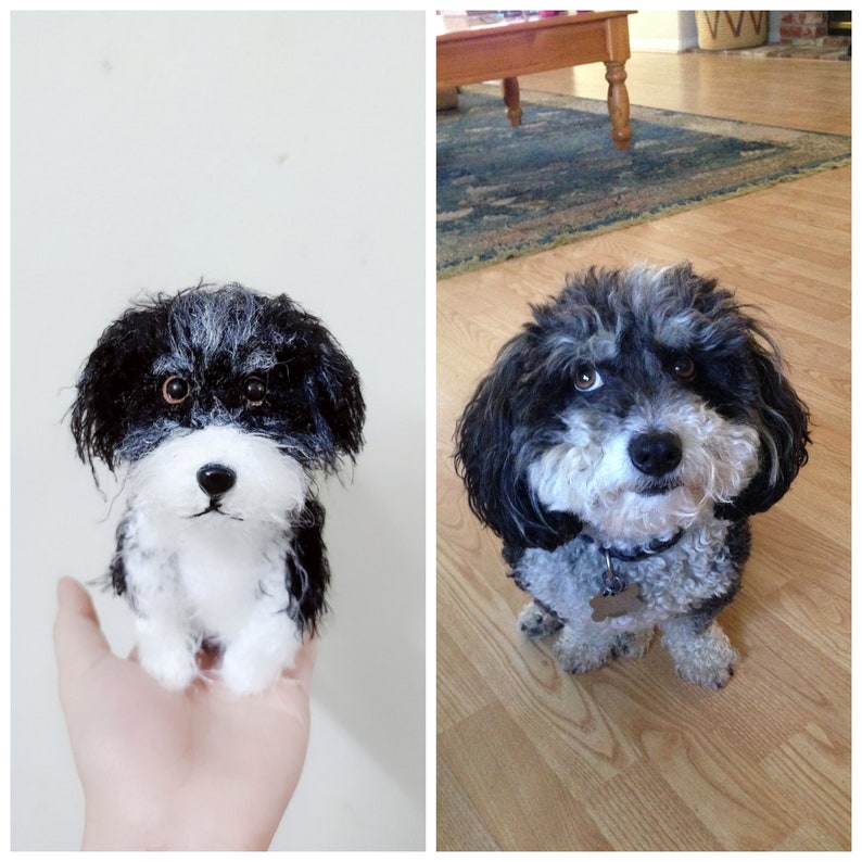 May include: A black and white crocheted dog toy, next to a photo of a real black and white dog.