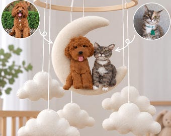Custom Dog Cat on Moon Baby Mobile, Personalized Baby Nursery, Personalized Dog Mobile Nursery, Dog Nursery Decor, Cat Nursery Decor