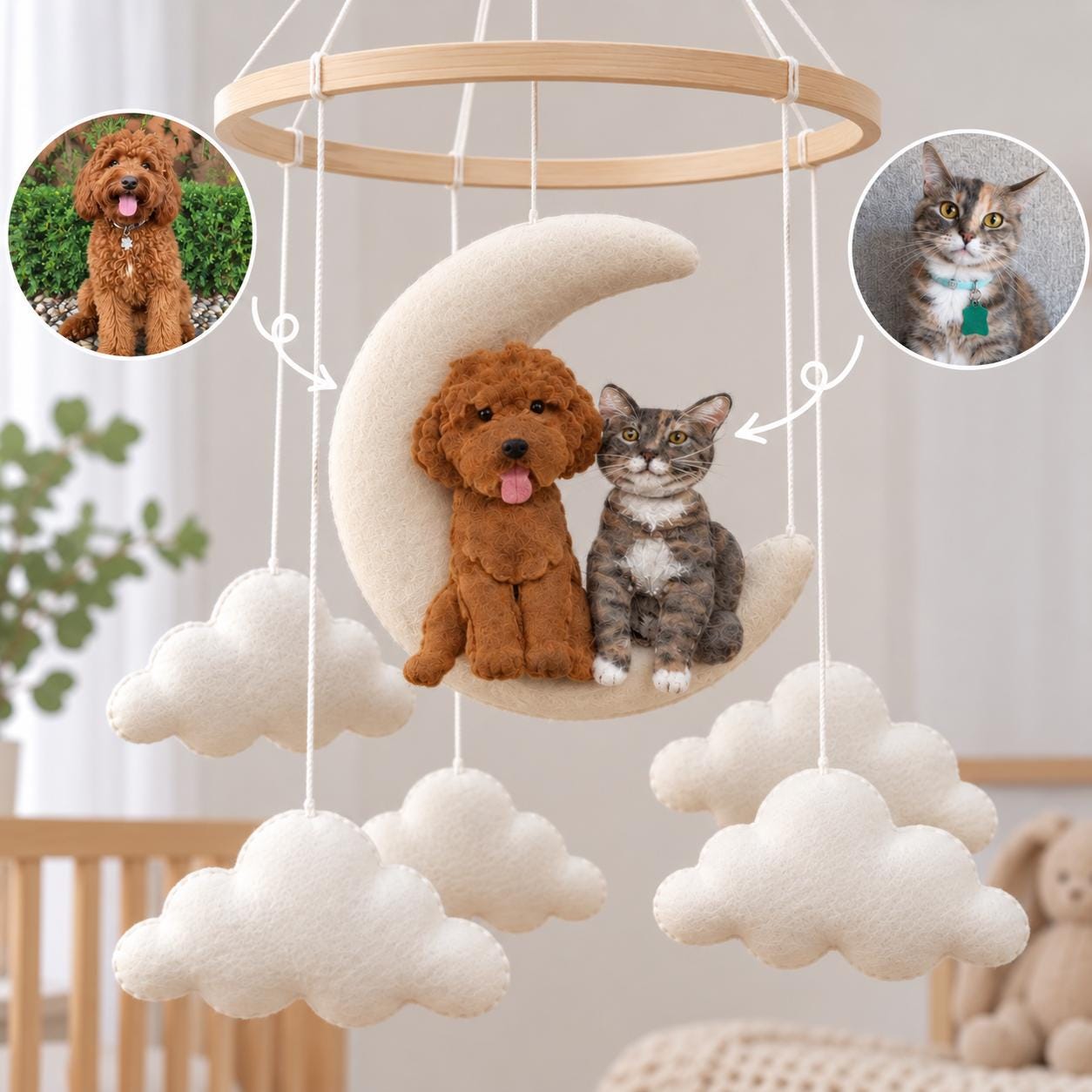Custom Dog Cat on Moon Baby Mobile, Personalized Baby Nursery, Personalized Dog Mobile Nursery, Dog Nursery Decor, Cat Nursery Decor