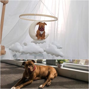月の上の犬のカスタムベビーモビール、パーソナライズされたベビールーム、パーソナライズされた犬のモビールベビールーム、犬のベビールームの装飾、猫のベビールームの装飾
